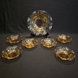 Beautiful Vintage Depression Glass Iridescent Marigold Scalloped Edge Bolw Set Of 6 And Centerpiece #26