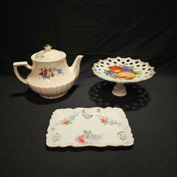 Betson Hand Painted Footed Dish, Silesia Porcelain Small Tray And Porcelain Tea Pot #60