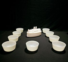 Anchor Hocking Fire King White Milk Glass Bowls 9 Pcs And White Milk Glass Battleship Covered Dish #63