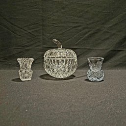 Crystal Apple Covered Trinket Box And 2 Small Crystal Bud Vases #69