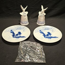 Beautiful Porcelain Bird And Flower Bells And 2 Norwegian Collectible Plates #71