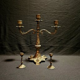Italian Bronze Candelabra And Small Candleholders #98