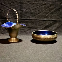 Mid Century Norway TINN Pewter Basket And Bowl With Blue Enamel #100