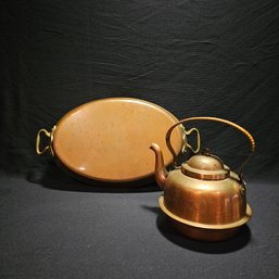 Antique Copper Tea Kettle W/Rattan Handle Norway & Antique Copper Oval Pan Brass Handle. Made In Ital