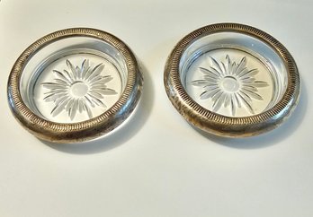Set Of 2 Crown Sterling Glass And Silver Coasters #213