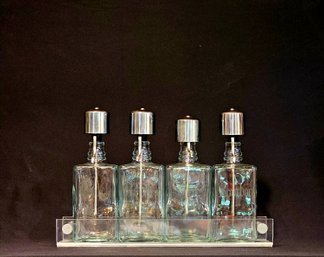 MCM 4-pc Set Of Engraved Glass Liquor Decanters With Pump-top Dispensers & Tray Caddy #229