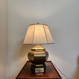 Mid-Century Asian Style Etched Brass Lamp With Beautiful And Clean Shade 27 Inch Tall