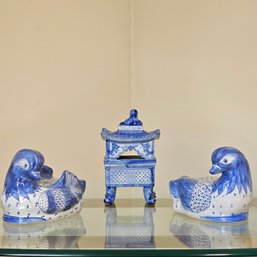 Pair Of Vintage Chinese Blue And White Porcelain Ducks And Incense Burner #47