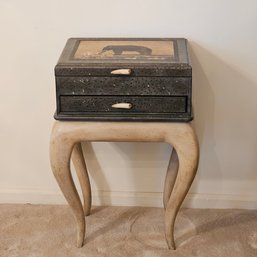 Charming Leather &  Rustic White Wood Lift Top Side Table With Drawer Featuring Elephant Print On Top #60