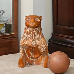 Carved Wood Bear Sculpture With Copper Ball By Sarried Spain 13.5' Tall  #82