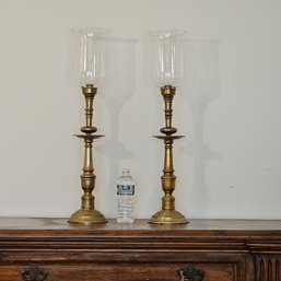 Pair Of Candleholders Brass Stands With Glass Shade #90