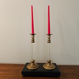 Mid-century Modern Pair Of Lucite And Brass Candlesticks #96