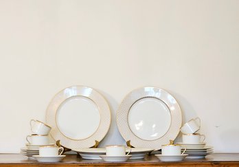 25 Piece Palais White Porcelain Tea Cups & Saucers, Large Platter And Dishes By FITZ & FLOYD #113