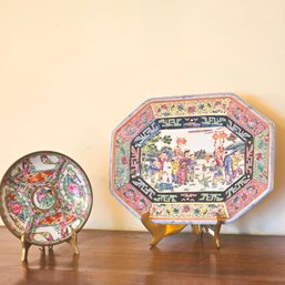 Beautiful Chinese Octagonal Porcelain Platter & Chinese Hand Painted Porcelain In Brass Bowl W/brass Stands116