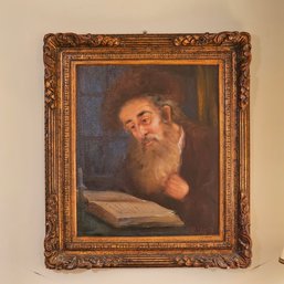 32.5 X 28 Large Original Artist Signed Judaica Oil Painting 'Rabbi Study' #132