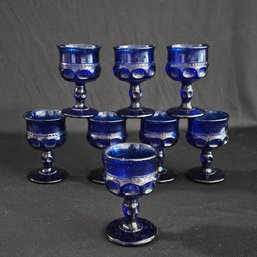 Set Of 8 Mid-century Cobalt Glass King's Crown Cordial Goblets #27