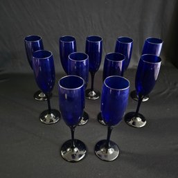 Lot Of 11 Cobalt Glass Champagne Flutes #28