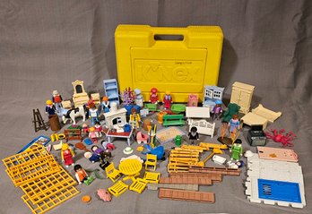 Large Lot Of Vintage Playmobil Dollhouse Furniture, Accessories And Figures And Vintage Knex Storage Case #179