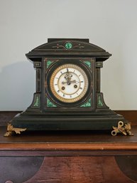 French Marble Malachite Mantel Clock With Key 13' X 16.5' X  8' #15
