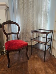 Victorian Carved Top And Red Velvet Seat Side Chair And Antique Ferguson Bros. Three Tier End Table #17
