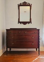 Empire Mahogany Carved 4 Drawer Dresser And Chippendale Mahogany Wall Mirror #74