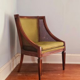 Hollywood Regency Wood Cane Chair With Original Green Fabric #64