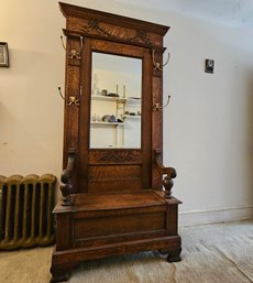 83 X 37 Antique Oak Eastlake Hall Mirror With Beveled Glass #78