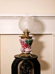 Beautiful Antique Hand Painted Oil Lamp 24' Tall With Etched Glass Shade #101