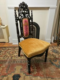 Antique English Victorian Gothic Mahogany Upholstered Occasional Chair #105