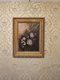 Antique Original Oil On Canvas Still Life Of Flowers In An Antique Giltwood Art Frame 25 X 20.5  #112