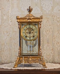 Antique Art Nouveau Ansonia Mantel Glass Sided Carriage Clock With Key #130