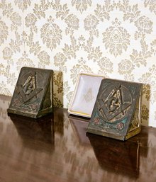 Pair Of Masonic Cast Iron Bookends And Masonic Glass Trinket Dish #140