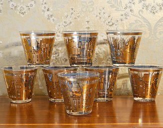 1960s 8 Pc Set Of Georges Briard Golden Glasses - Gold And Blue Signed #162