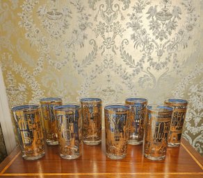 1960s 8 Pc Set Of Georges Briard Golden Glasses - Gold And Blue #163