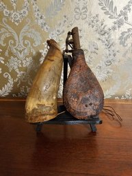 Antique Leather Embossed Shot Flask And Antique Handcarved Horn Flusk #205