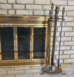 Vintage Brass Bronze Fireplace 5 Piece Set Stand #68