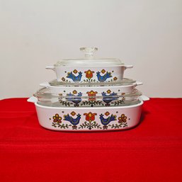 Set Of Three Vintage Corningware/pyrex 'country Festival' Casserole Dishes With Covers #151