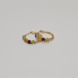 Beautiful 14k Yellow Golg Multi Gemstone Hoop Earrings 1.45G #191