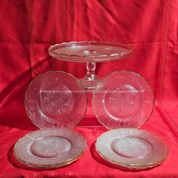 Vintage Harp Cake Stand With 6 Desert Plates Jeannette Glass  #16