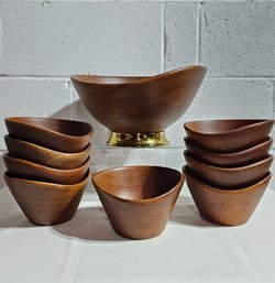 Lot Of Mid Century Genuine Mahogany Large Bowl And 9 Small Bowls Hand Turned And Hand Finish #54