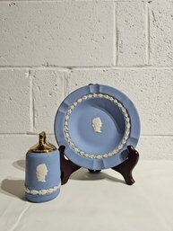 Wedgewood Blue Jasperware Lighter And Ashtray Made In England #82