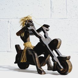 Wooden Tribal Man On Motorcycle Sculpture Hand Carved #86