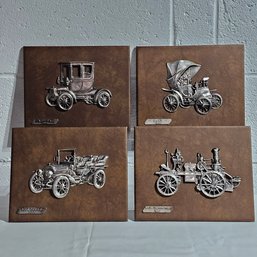 Set Of 4 Vintage Leather Metal Antique Car Plaques #119