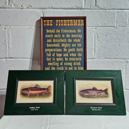 Charles Bradford Hudson (1865-1938) Framed Trout Lithographs 9X12 & Vintage Wooden Fisherman Sign 11X13.5 #124