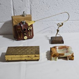 Vintage Gold Colored Metal Box, Carved Soapstone Ashtry,  Custom Leather Golf Hip Flask And Metal Statue #125