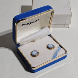 Wedgwood Van Dell 1/20 12K GF Blue White Jasperware Earrings In Original Box  #167