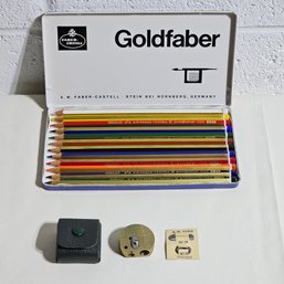 Vintage A.W. Faber 50/58 Mentor Germany Pencil Sharpener W/Leather Case And Vtg Faber Castle Color Set  #202