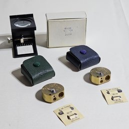 Vintage A.W. Faber 50/58 Mentor Germany Pencil Sharpeners W/Leather Case & Folding Magnifier Linen Tester #203