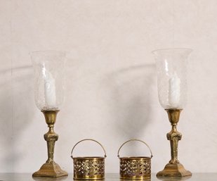 Pair Of Vintage Brass Hurricane Crackle Glass Candlesticks And 2 Vintage Brass Baskets #10