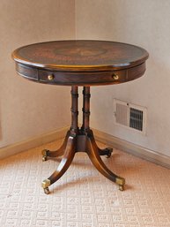 Fine English 2 Drawer Drum Table Solid Mahogany W/original Leather Top Raised On Four Legs On Rolling Brass#12